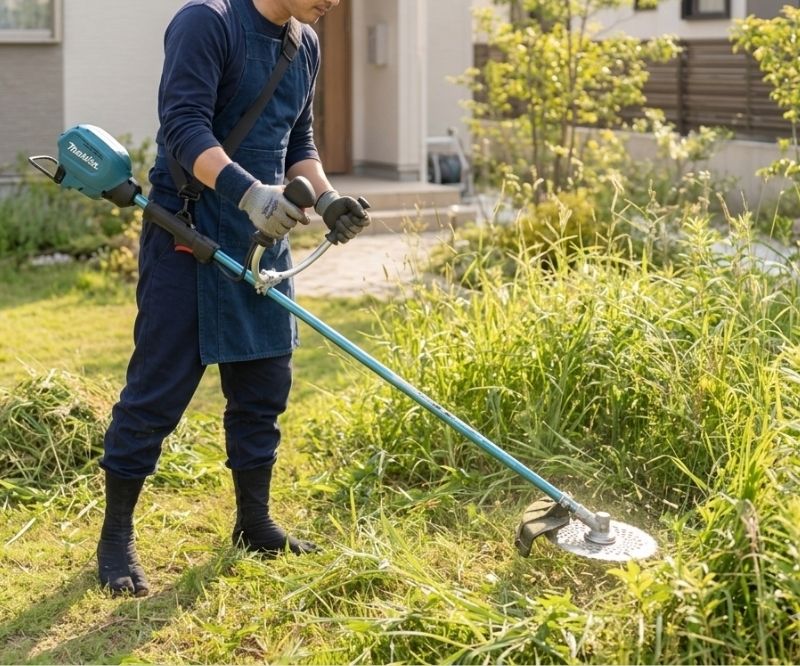 刈払機を使用して庭の雑草を刈り取る作業風景の写真