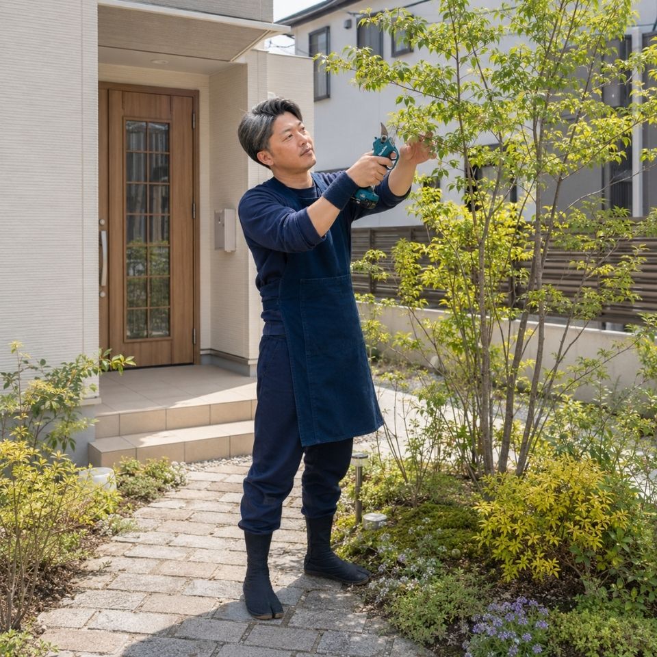 住宅の庭で庭木の剪定作業を行う出山ガーデンの写真